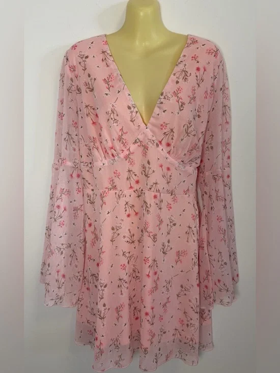 Double Crazy Pink Floral Bell Sleeve Mini Dress - Picture 2 of 8